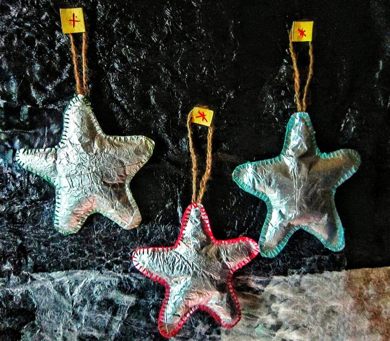 Hanged of silver star ornament with multi color of handmade sewing at the star edge 