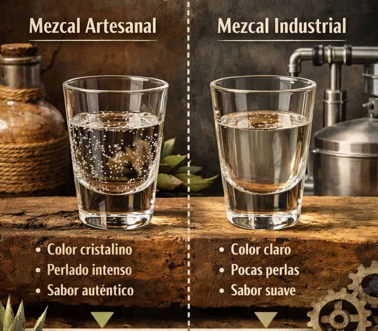 Dos copas con mezcal, una artesanal y otra industrial, mostrando diferencias de color y textura