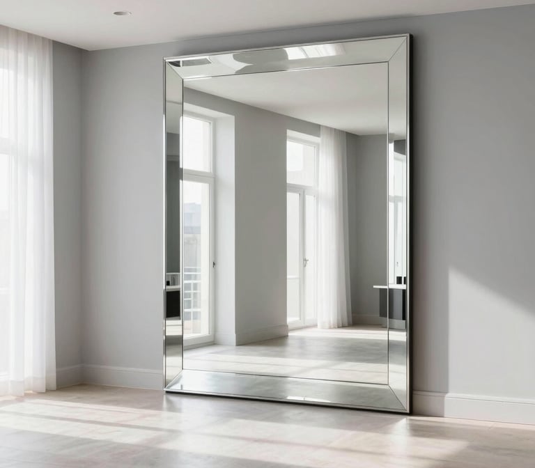 Grand miroir sur mesure captant la lumière naturelle d'une fenêtre.