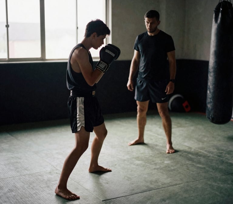 A teenage kickboxer training on a clean tatami mat under high-contrast window light, coach supervising in the background, raw gym interior, 35mm.