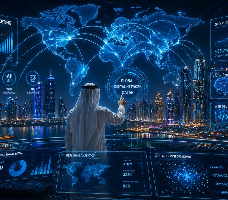 A man in Qatar analyzing global digital marketing data and SEO performance on a futuristic holographic interface.