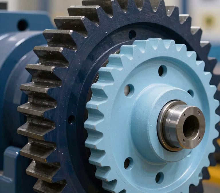 A heavy-duty industrial gear assembly, combining dark navy and light ice blue metallic finishes, photographed with sharp focus to emphasize strength and cutting-edge performance.