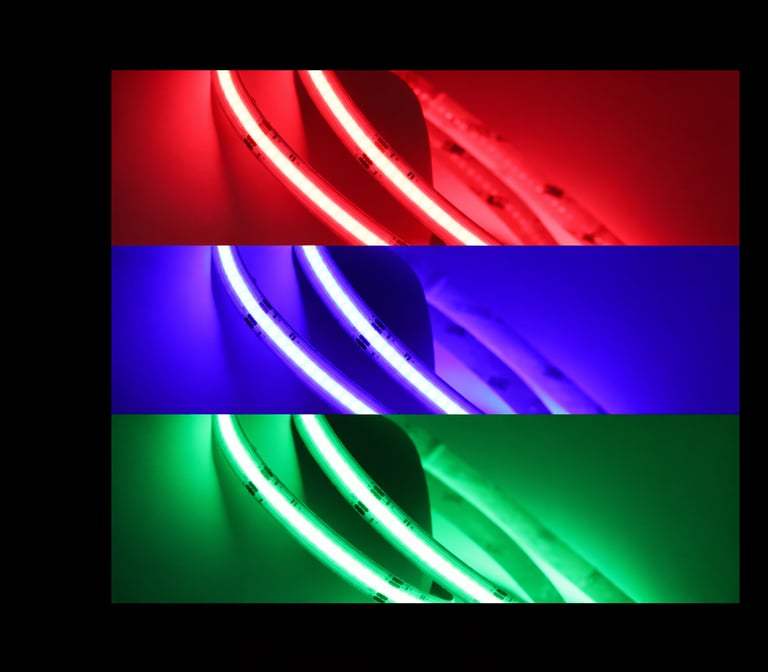 Tira LED RGB COB 24V 15W: efectos de color sin puntos de luz visibles.