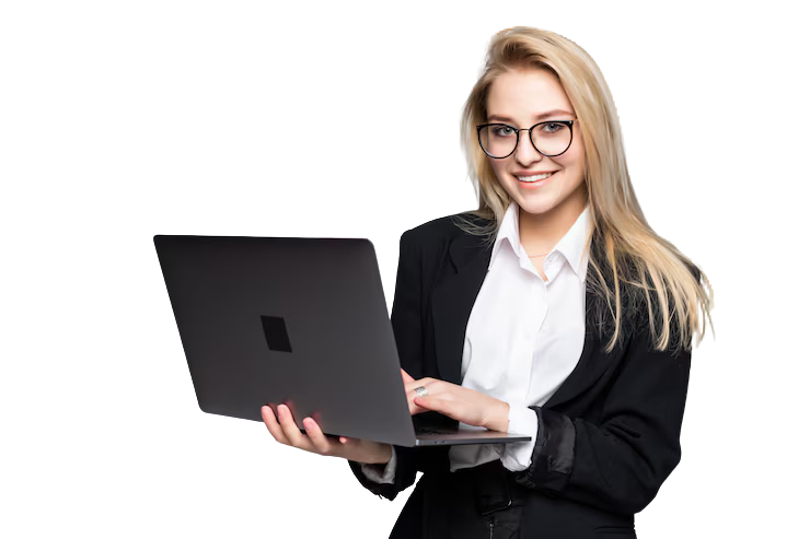 a woman in a suit and glasses holding a laptop