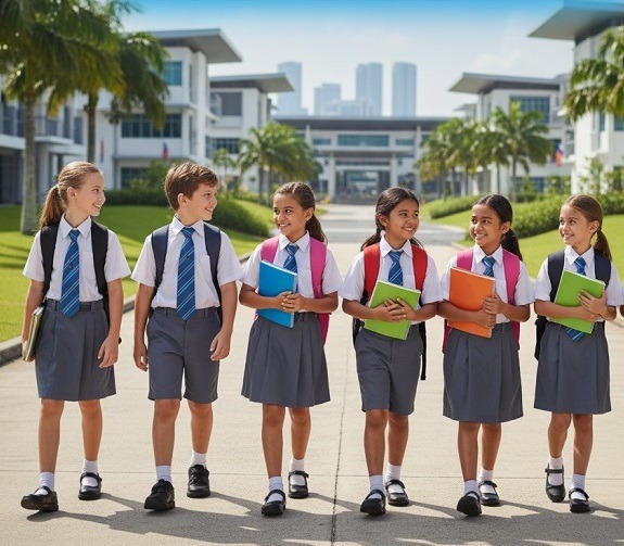 Group of diverse children in school uniforms walking together outside a modern school building