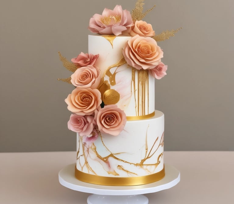 A stunning wedding cake adorned with fresh flowers and gold accents.