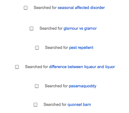 Searches including "glamour vs glamor," "pasamaquoddy," "quonset barn," and more