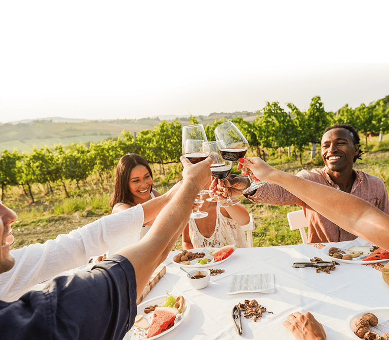 picnic table with friends and wine