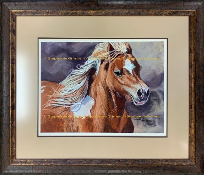 Framed Pastel Painting of a miniature horse by Stephanie Grimes featuring a dark stormy background.
