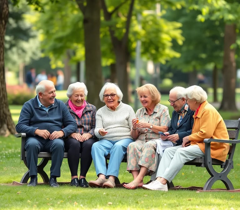 Gruppe älterer Menschen sitzen im Park beieinander