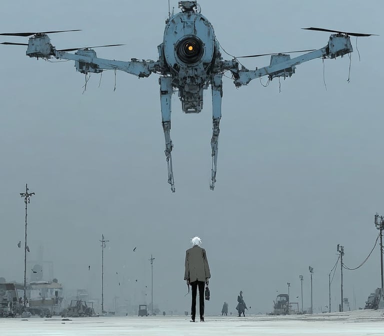 Homme dans une rue deserte face à un bot géant