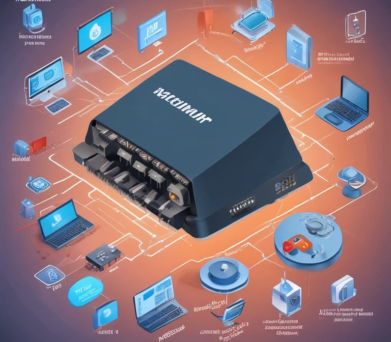 A diverse team collaborating in a modern office with advanced tech equipment.