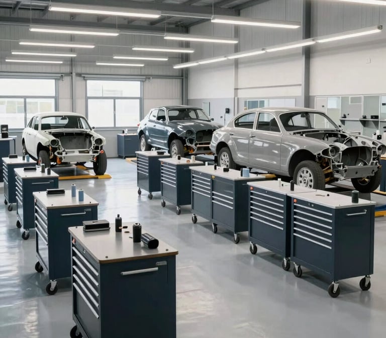 A wide-angle professional photograph of a clean, modern automotive workshop in Northern France. The scene features a spacious interior with polished floors, organized tool stations in dark blue and grey, and a vintage car undergoing restoration under soft, natural workshop lighting.