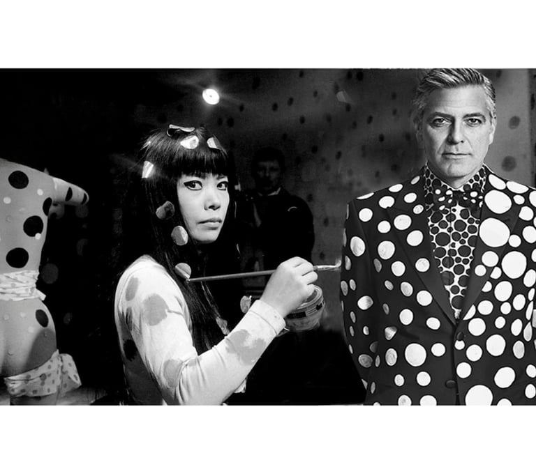 an artist Kusama painting a man George Clooney in polka dotty dress clothes