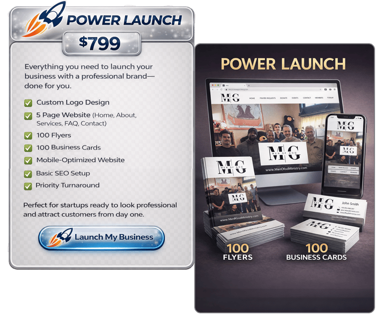 Power Launch business branding package including custom logo design, website, flyers, and business cards for startups.
