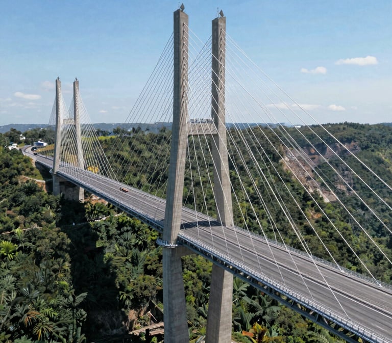 Wide aerial view of a massive cable-stayed bridge spanning a deep river gorge, shot from above and slightly right-of-center under sharp midday sun, structural cables casting geometric shadows across the concrete deck, vast sky above and dense forest below, emphasizing scale and engineering precision