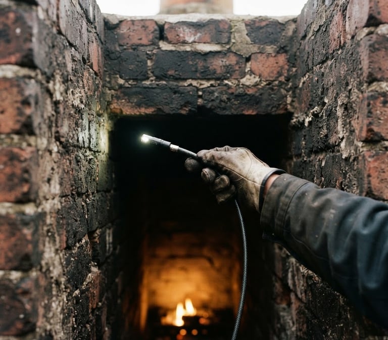 Close-up of a chimney sweep using a modern diagnostic camera inside a flue, warm ember glow from a hearth below, natural overcast daylight, rich textures, sharp detail, 35mm lens