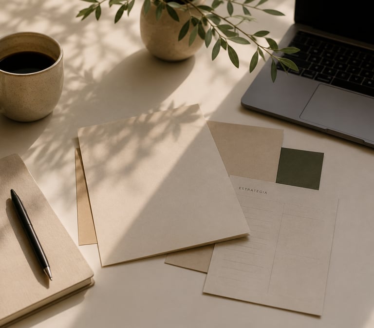 Espacio de trabajo con herramientas de marketing y planificación