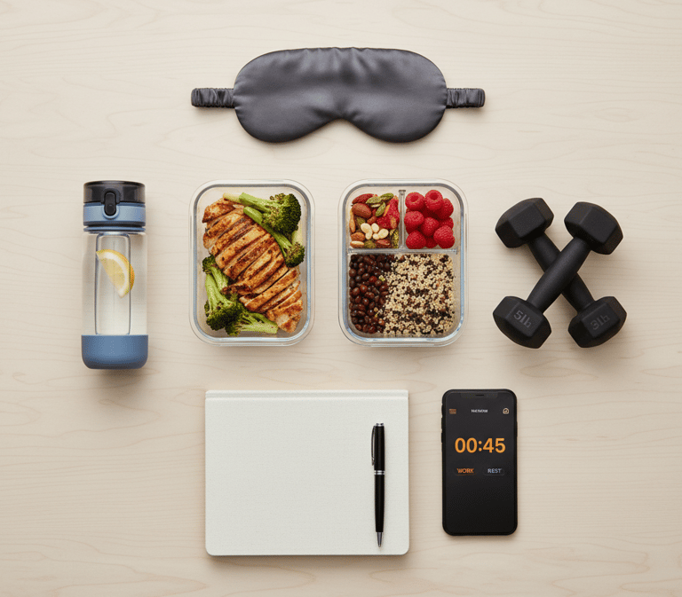 Weight loss plateau breakthrough tools including sleep aids, workout equipment, and meal prep contai