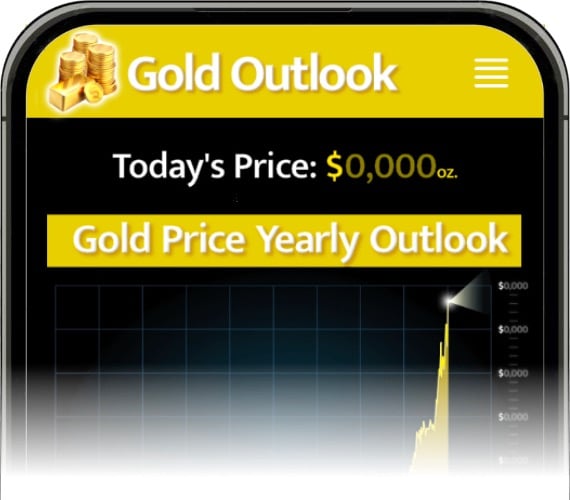 Gold Investor Outlook app shown on a mobile phone. Displayed is the gold price trend chart
