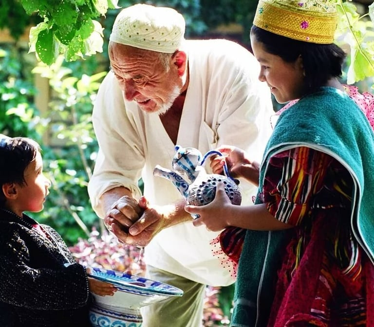 Uzbek grandfather is met by grandchildren