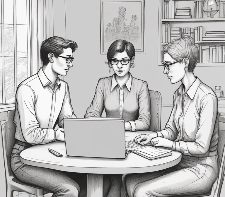 A professional team collaborating around a table with laptops and documents.