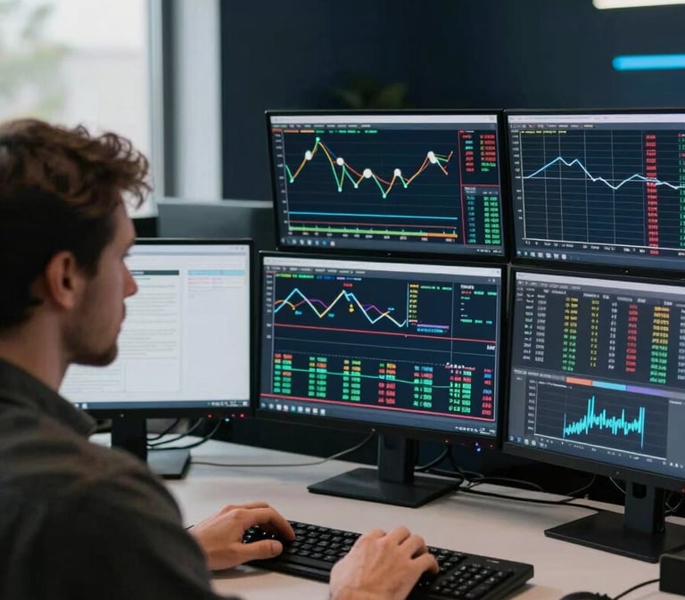 Over-shoulder cinematic frame of a man at a trading desk with three monitors displaying live forex charts, screen glow illuminating his face and hands on the keyboard, natural daylight from a window to the left, deep navy-dark room behind him