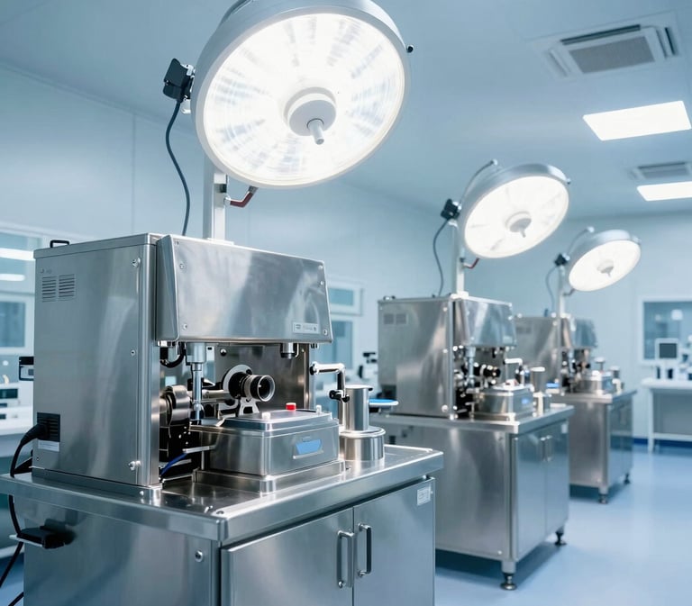 Wide-angle cleanroom environment with pristine stainless-steel manufacturing equipment, bright high-key clinical light with cool blue undertones, professional 35mm photography