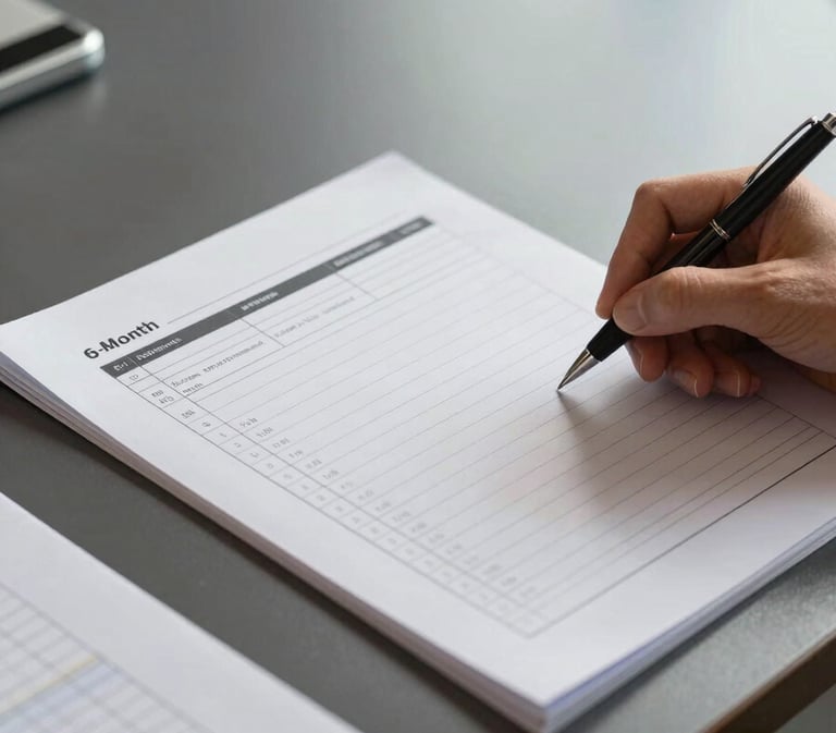 Close-up panoramic view from the right side of a professional meeting table, a hand holding a pen over a printed 6-month planning document with weekly rows and milestone columns, a second document with handwritten KPI targets partially visible at the frame edge, hard overhead fluorescent light casting sharp shadows, no faces visible