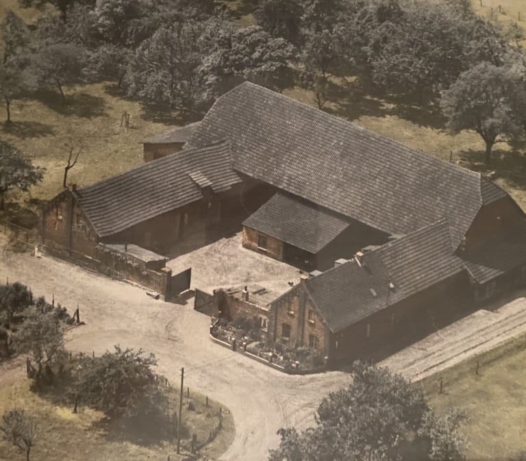 Vintage aerial view of a traditional farmhouse and barn complex with a courtyard surrounded by trees.