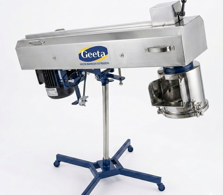 Geeta Namkeen Extruder machine made of stainless steel for industrial food processing.
