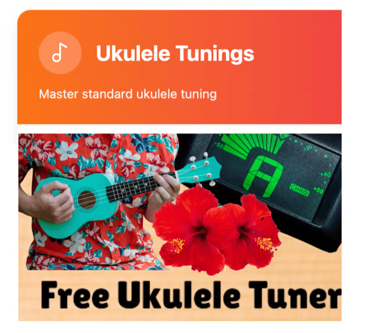 A person playing a teal ukulele with online tuner and red hibiscus flowers for a free tuning guide.