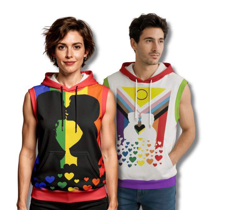 pride sleeveless hoodies with pride flags and gay couples kissing