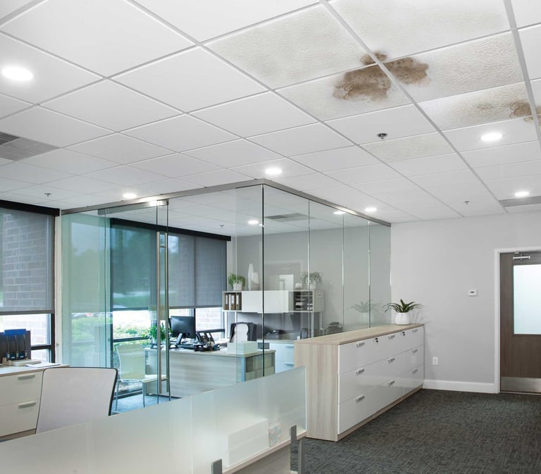A modern office interior featuring a large water stain on white drop ceiling tiles indicating a roof leak.