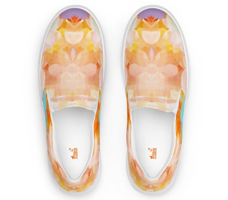 a pair of shoes with a colorful pattern on them