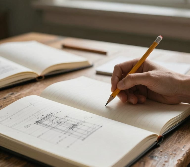 A close-up of a rustic wooden desk with open notebooks, architectural plans, and a hand holding a pencil, warm side window light, shallow depth of field.