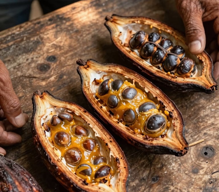 Overhead study of freshly harvested Colombian cacao pods split open on a rough wooden surface, golden pulp and dark seeds visible, warm afternoon light raking across the texture, a farmer's hand rests at the edge of frame — close crop, no faces