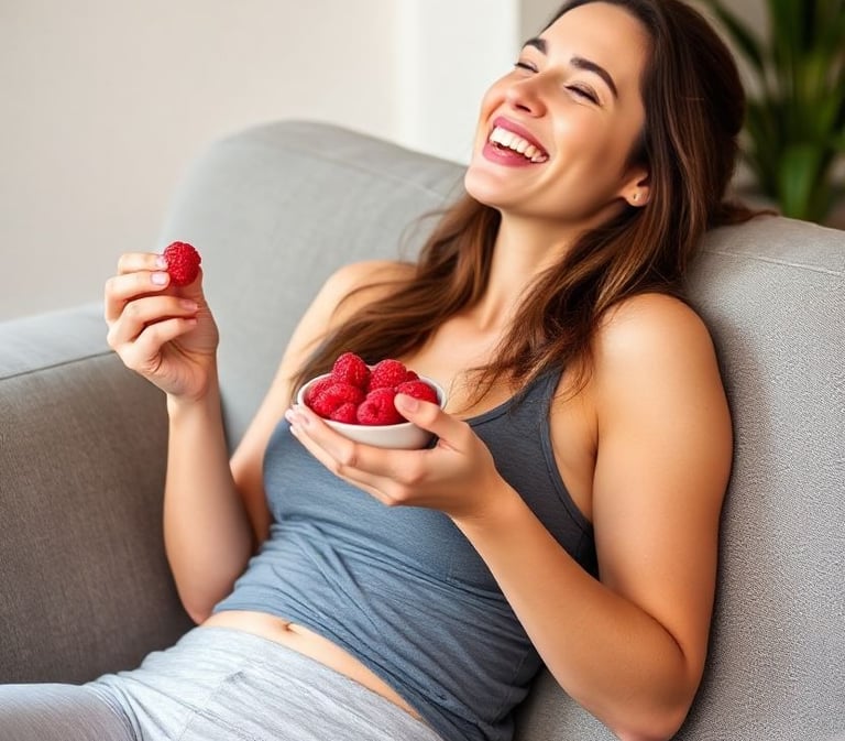 Happy woman enjoying raspberries on sofa