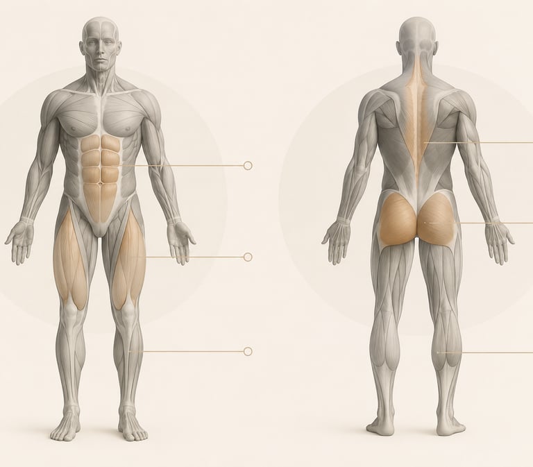 Diagramme anatomique minimaliste du corps humain ciblant les muscles inférieurs lors d'un Goblet Squat