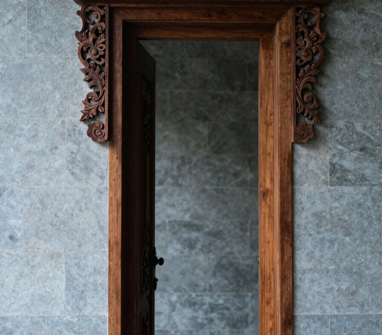 Interior architectural detail of a Balinese villa—carved wooden door frame in sharp focus, cool north-facing daylight, textured stone wall behind, no people, minimal and composed