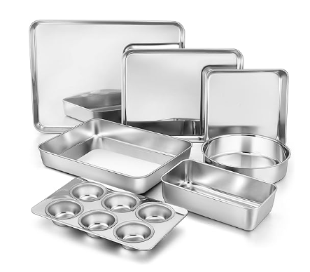 TeamFar 7-piece stainless steel bakeware set with no chemical coatings, non-toxic pure stainless 