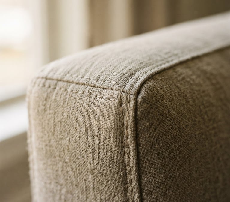 Macro close-up of tight, flawless fabric stitching on a Renovo sofa, soft natural window light casting gentle shadows, highlighting the tailored upholstery texture, warm stone neutrals.