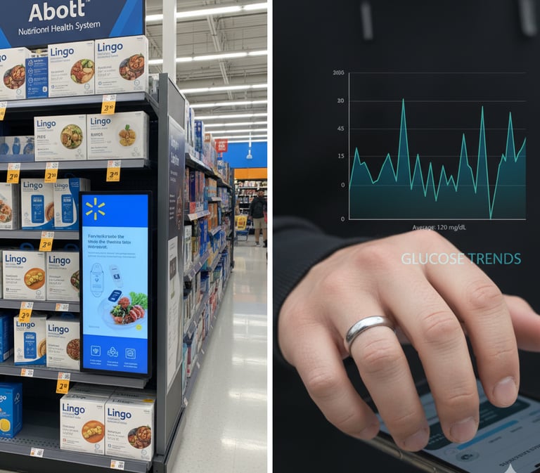 A split-screen photo: on the left, a Walmart aisle endcap featuring Abbott Lingo; on the right, a cl