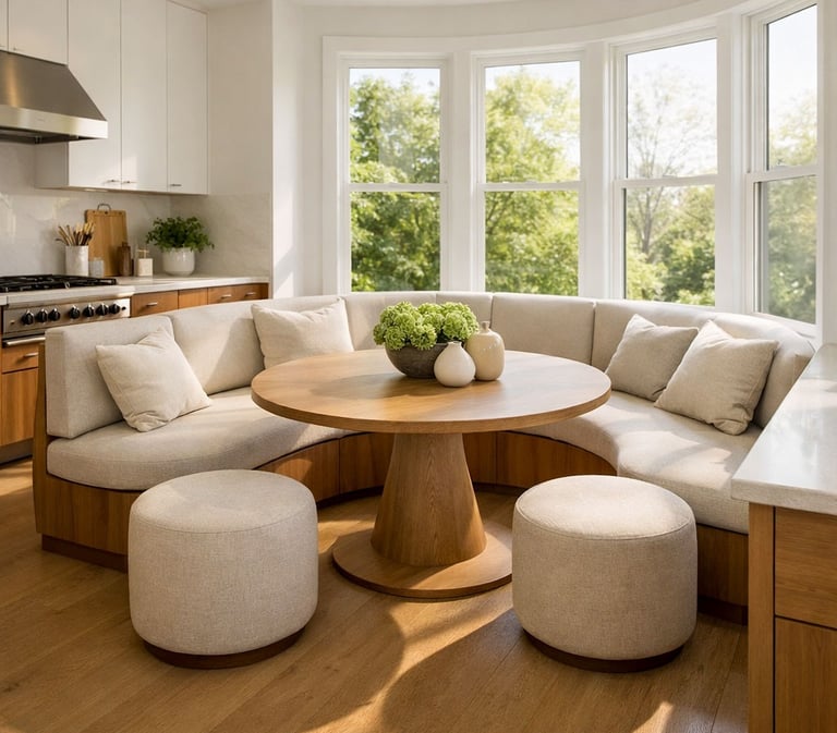 Custom banquette seating residential in an open concept kitchen with curved layout