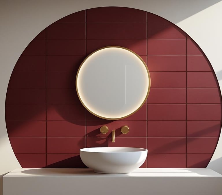 Ruby red bathroom wall with white sink, round mirror, and modern gold fixtures.