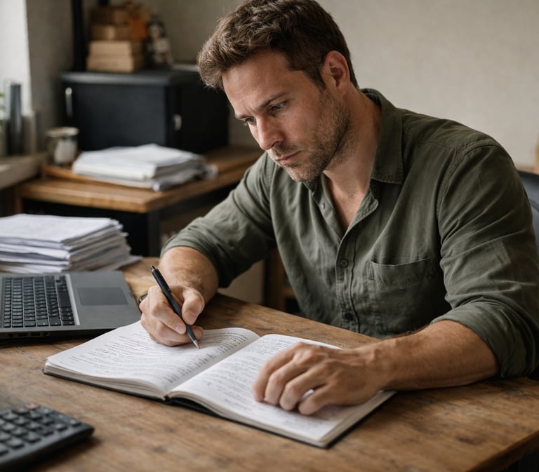 a man sitting at a desk with a laptop and a notebook