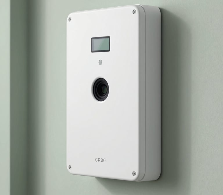 A professional wide-angle shot of a sleek, modern white security control panel installed on a minimalist wall in a home with subtle sage green accents.