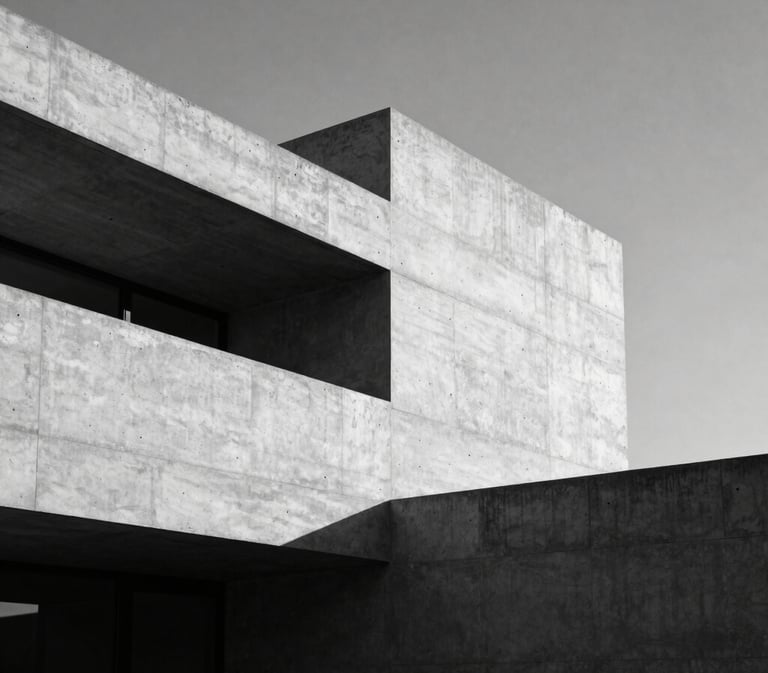 High-contrast black and white medium format photograph of a modernist concrete villa facade, sharp architectural angles, dramatic deep shadows, morning sun, negative space.