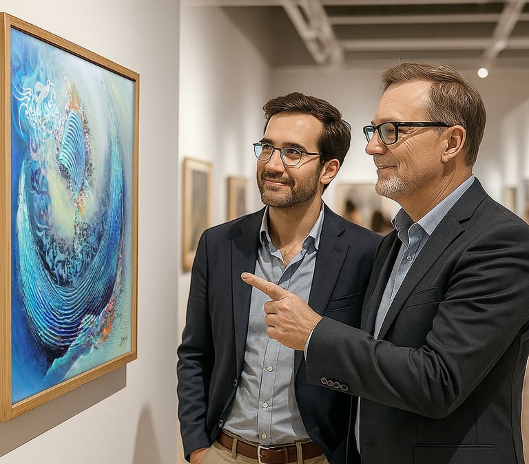 two men standing in front of a painting
