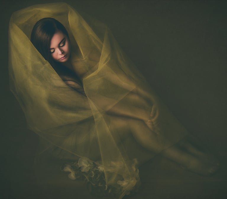 Fine art portrait of a woman wrapped in soft tulle, with a moody and elegant expression.